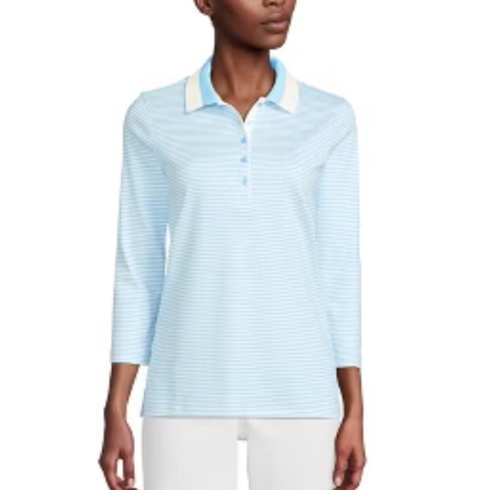 NWT Lands' End supima cotton 3/4 sleeve striped polo shirt women’s size LP 14-16